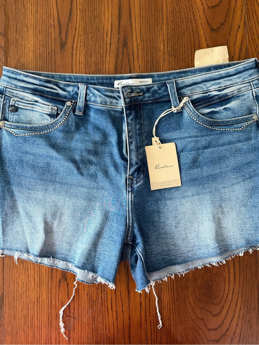 KanCan Medium Blue Denim Frayed Hem Jean Shorts